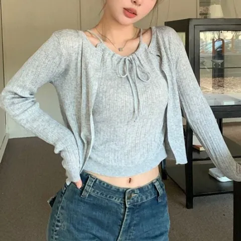 리본디테일 홀터슬리브리스 니트집업 뜨개탑 머스트해브 코디세트 홀터나시 여름가디건