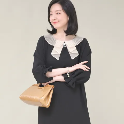 오간자 플리츠 리본 브로치 봄 가을 원피스 K04403