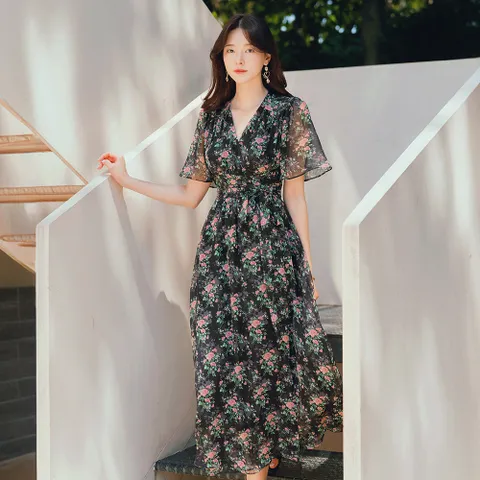 (~XXL까지) 쿨렌 윙슬리브 로즈 가든 쉬폰 랩 원피스 여름 패턴원피스 쉬폰원피스 바캉스룩 휴가룩 롱원피스