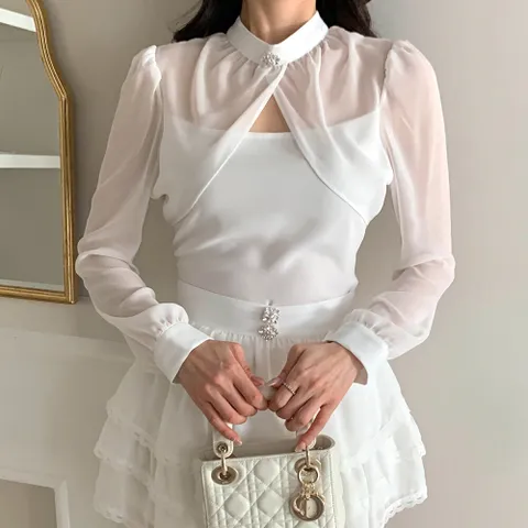 여성 큐빅 장식 시스루 볼레로 레이어드 하객용 블라우스