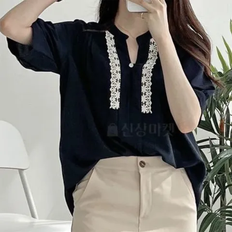 [하프클럽/옷자락]여자 A라인 튜닉 반팔 무지 블라우스