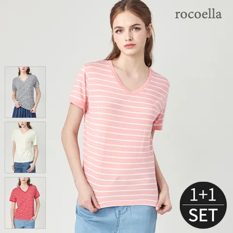 메이유 코튼모달 여성 스트라이프 V넥 티셔츠 1+1
