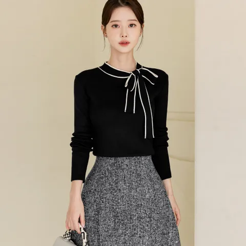 포일라 리본장식 배색 니트 봄 가을 간절기 긴팔니트 데이트룩 모임룩 미시룩 오피스룩