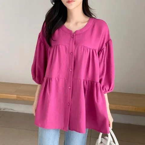 |KDH3193|스파내 여성 프릴캉캉 플레어 블라우스 라운드 스프링 주름디테일_18157442_597559