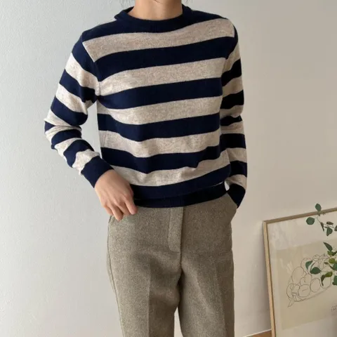 여자 봄 고급 라운드 캐시슈퍼파인울 스트라이프 니트
