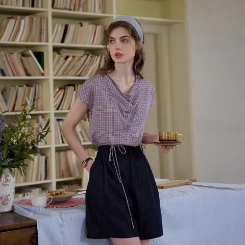 SR_Check swing neck short blouse