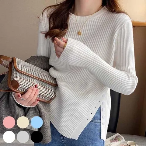 [다잇템] 여자 골지소재 언발란스 버튼 컷아웃 U넥 니트_15265676_588872