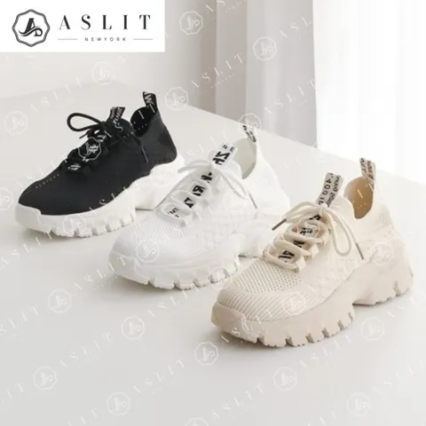 [애슬릿] 키높이 레이스업 레터링 여성 니트 운동화 5cm