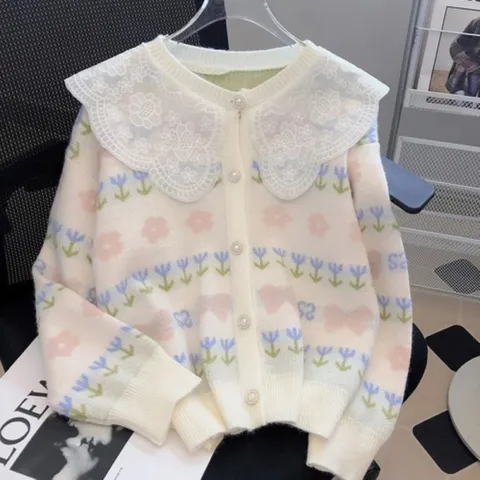 여자 봄가을 그런지 레이스카라 꽃무늬 할머니 가디건