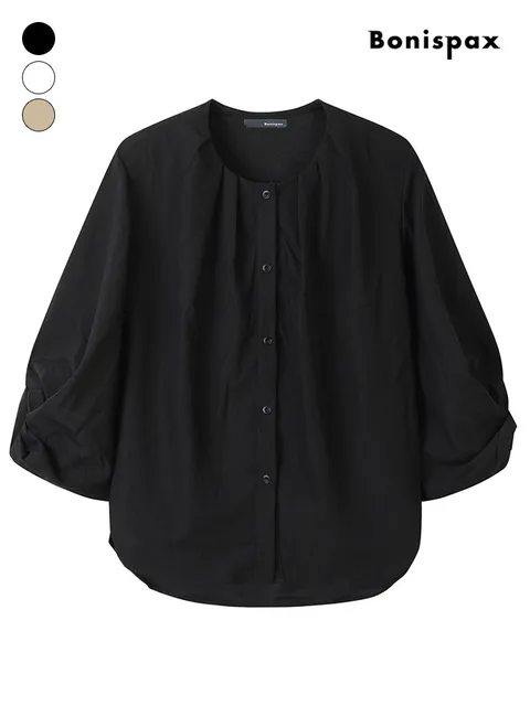 핀턱 벌룬 라운드넥 7부 블라우스 (XQ2SH005M0)