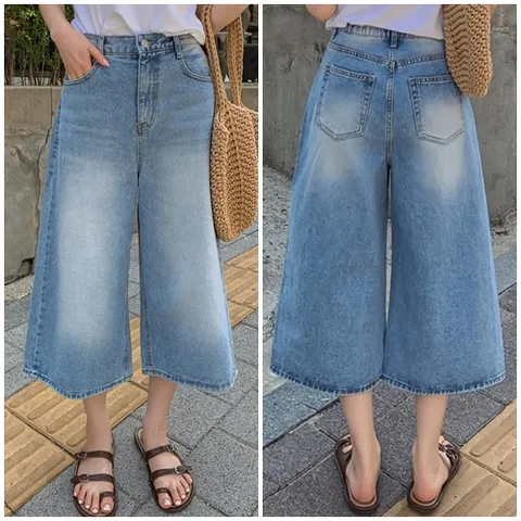 여성 난스판 버뮤다 7부 와이드 데님팬츠 통청바지