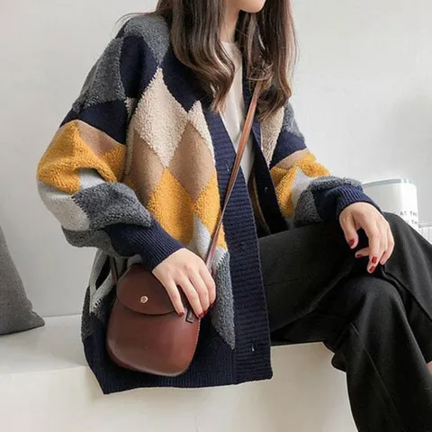 [JH4Q64S9_51IB]네이비 아가일 디자인 여자 가디건 직장인 (29915828A)