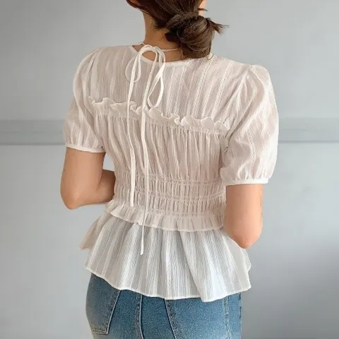 [다잇템] 여자 잔주름 리본보우 프릴 스모킹 벌룬 블라우스_21409367_588872