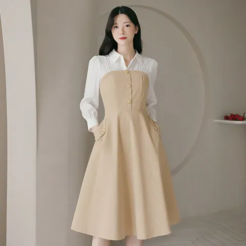 (~XXL까지) 비아렌 배색 플레어 포켓 원피스 가을 하객룩 오피스룩 모임룩 격식룩 빅사이즈