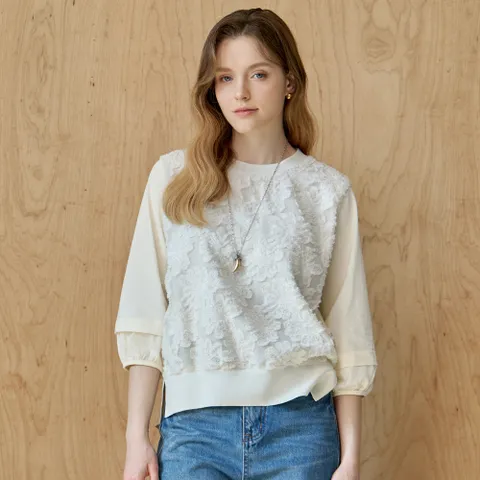 프린지 플라워 자수 7부 블라우스 티셔츠