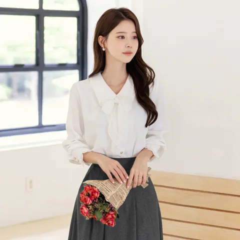 (~XL까지) 하이린 프릴 리본 러블리 빅카라 타이 블라우스 봄,가을 긴팔 하객룩 오피스룩 격식룩 데이트룩