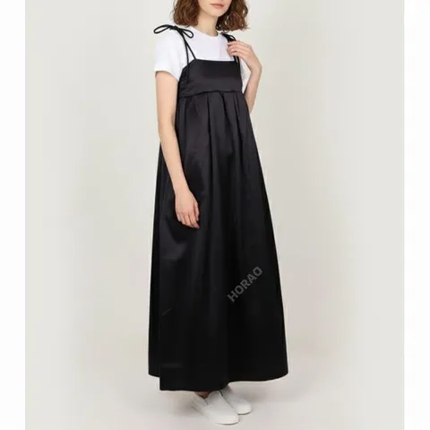 MUST IT_가니 BLACK DOUBLE SATIN STRING LONG DRESS (F8582 099) (블랙 더블 새틴 스트링 롱 드레스)