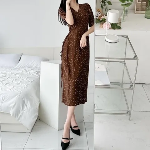 [다잇템] 여성 스트랩 브이넥 롱 땡땡이 도트 반소매 SS 원피스_14602480_588872