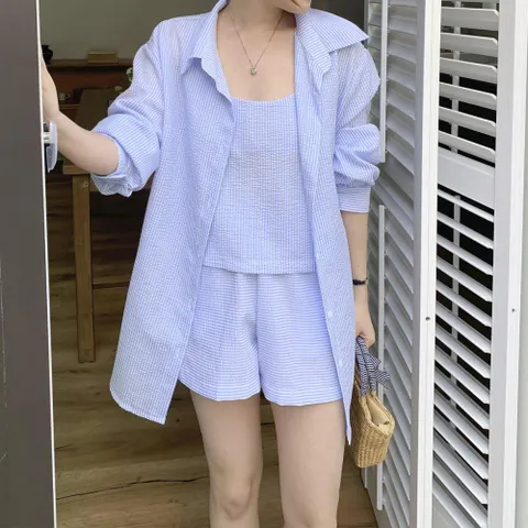 여성 스트라이프 나시티 남방 반바지 3종 세트