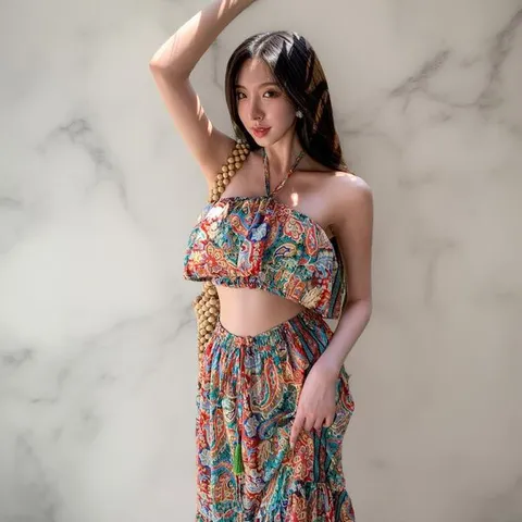 [하프클럽/여성 셔링 플레어 보헤미안 쉬폰 투피스