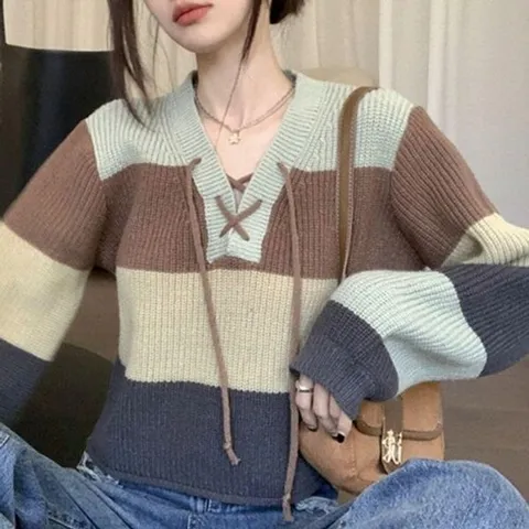 [하프클럽/끌레아]크롭 브이넥 니트 스트링 디자인 긴팔 스웨터 크롭티