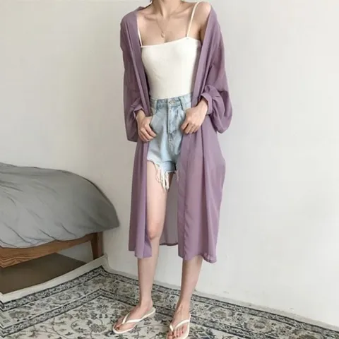 L 루즈핏 가디건 롱가디건 퍼플 로브 간절기 여성가디건 로브가디건 오픈가디건 쉬폰가디건