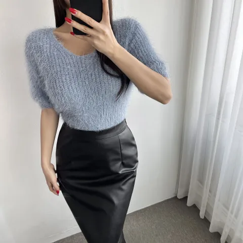 [브리치] 글램핏 / 러블리 여리핏 앙고라 브이넥 솔잎 반팔 퍼프 니트 6