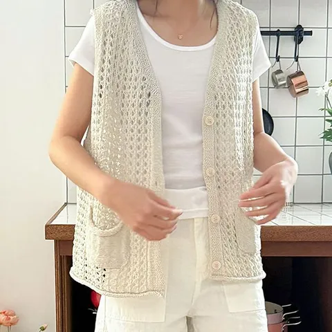 [하프클럽] 뜨게 짜임 그물 브이넥 포켓 단추 니트 조끼 여름 체형커버 레이어드 롱 베스트