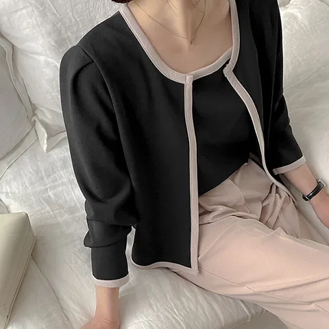 [공구우먼] [제작] [리얼핏]포엔미 배색 나시 가디건 세트 69164 빅사이즈 여성의류