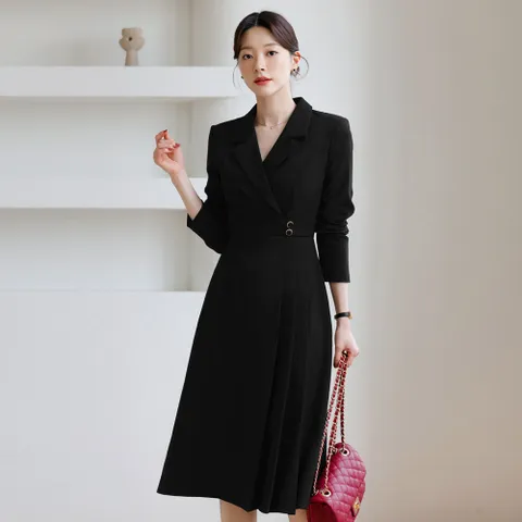 (~XXL까지) 세라인 허리버튼 하프 플리츠 원피스 가을 하객룩 오피스룩 모임룩 격식룩 빅사이즈