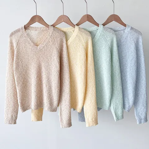 에이치플러스몰 여자 봄 여름 폭신한 팝콘 브이넥 긴팔 니트 티셔츠 여성니트티 여자니트티