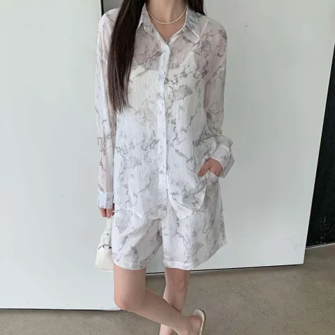 여성 여름 나염 시스루 루즈핏 셔츠와 반바지 세트