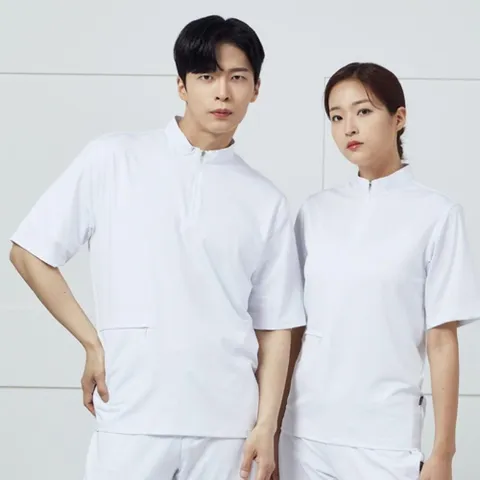 화이트 스판덱스 반팔 위생복 위생티셔츠 위생상의 위 급식실상의 병원위생복 단체위생복
