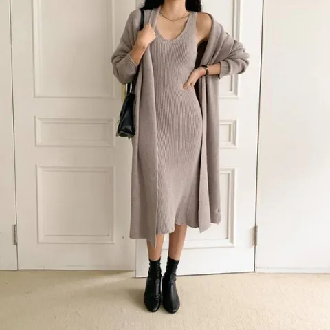 온나핏 딜레나 골지 나시 롱 원피스 가디건 세 트위드가디건 여자가디건 니트가디건