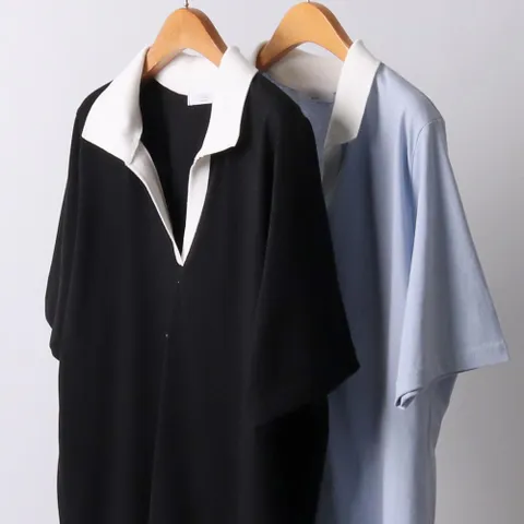 배색 오픈 카라 반팔티 205I612S 빅사이즈 여성의류