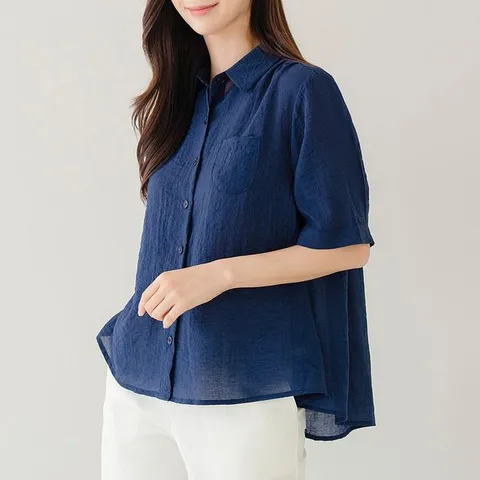 [하프클럽]  여름 여자 반팔 카라 링클 레이스 루즈핏 빅사이즈 블라우스 40-50대 중년여성 엄마옷 미시