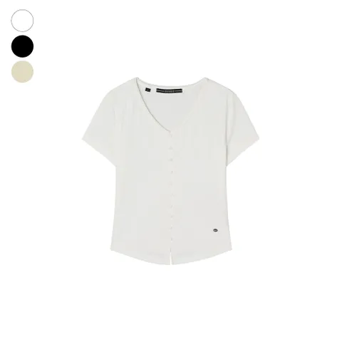 진 여성 브이넥 콩단추 반팔 티셔츠 OQ2K5451 428519