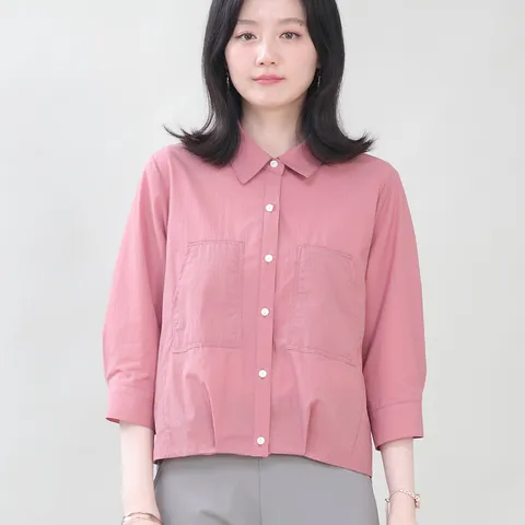 엄마옷 씨어써커 지지미 카라 단추 오픈 주머니 여성 봄 여름 칠부 셔츠 남방 블라우스 B06425
