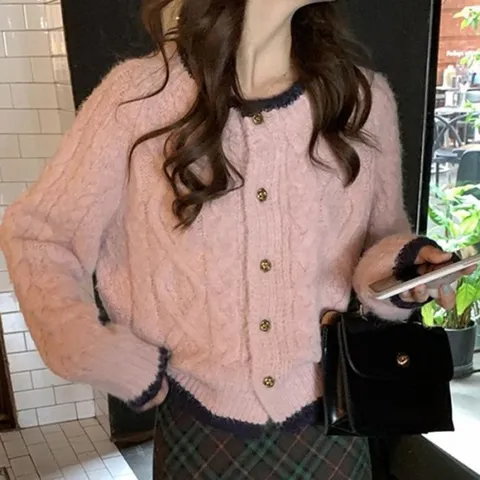 [오노마] ONM 여성 꽈배기 라운드 넥 니트 봄 가을 가디건 핑크 (14216087)