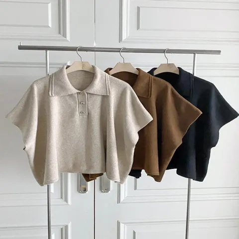 [브리치] 옷자락 / 여성 반오픈 카라넥 판초 가오리핏 반팔 니트