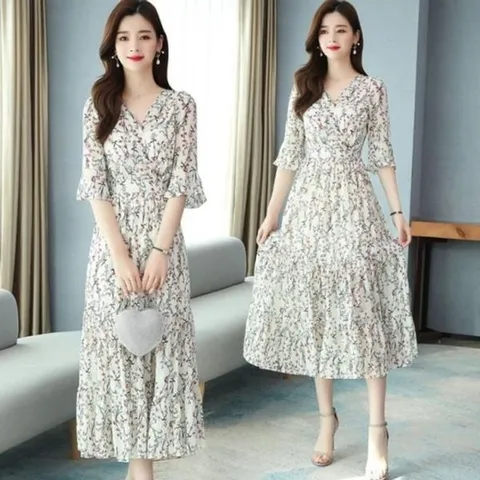 [하프클럽/모노무드] 여름 여성 캐주얼 쉬폰 롱원피스 필수템 휴양지 반팔