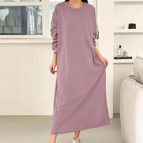 [하프클럽] 캐주얼 베이직 무지 면 박스핏 긴팔 롱 원피스 4컬러