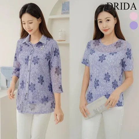 [하프클럽]  여자 여름 플라워 반팔 티셔츠 가디건 셋트 앙상블 50-60대 중년여성 엄마옷 마담옷 하객 옷