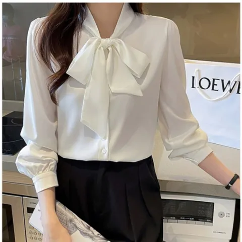 블라우스 베이지 리본 쉬폰 화이트 쉬폰 블라우스 쉬폰블라우스 리본블라우스