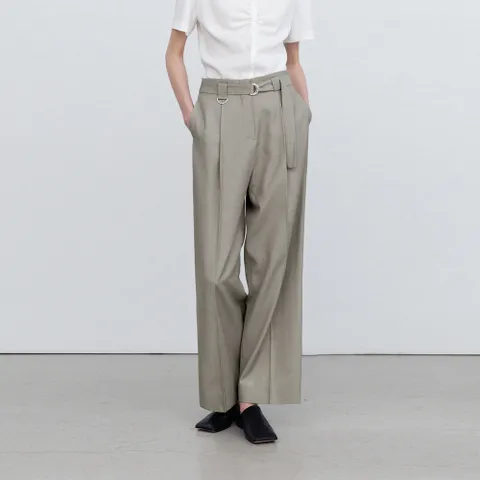 LINEN WIDE LEG BELTED TROUSER DRIED HERB