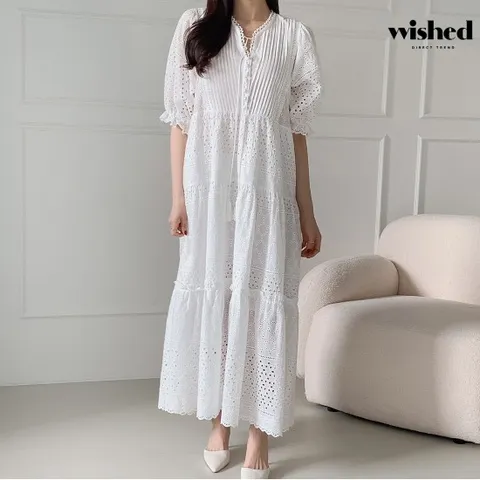 스카시 펀칭 루즈핏 캉캉 롱 반팔 원피스 (WIBAOP044)