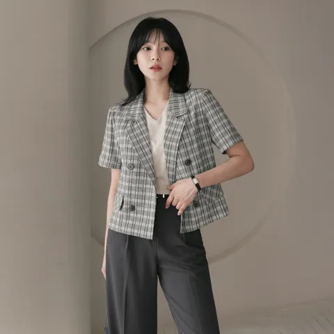 (~XL까지) 래더 더블버튼 반팔 오픈 체크 자켓 여름 아우터 데일리 일상 캐쥬얼 출근룩 베이직 빅사이즈