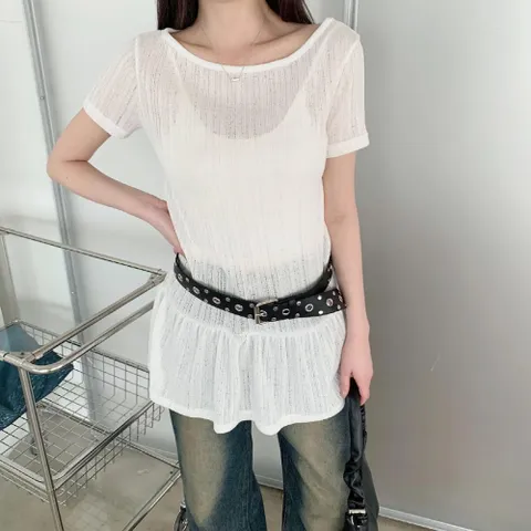 [다잇템] 여성 코디 롱 반소매 프릴 망사 비침 니트