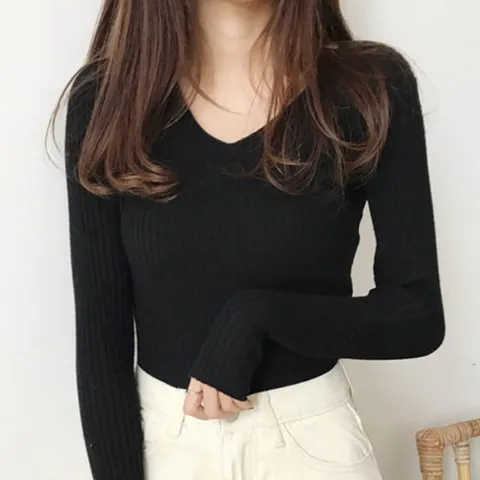 데일리룩 브이넥 기본 V넥 라인 골지 니트티 소프트 티셔츠