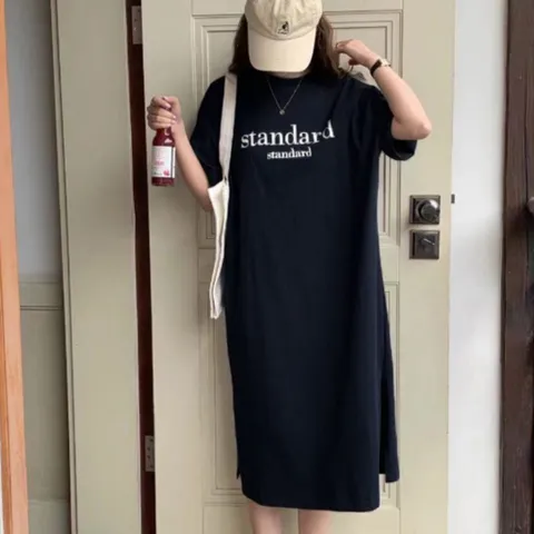 여성 베이직 영문 레터링 신축성 좋은 반팔 롱 원피스